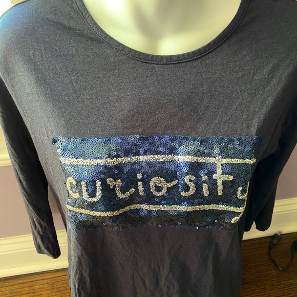 Zara "Curiosity" Sequins 3/4 Sleeve Navy Tee, M EUC - Picture 4 of 8